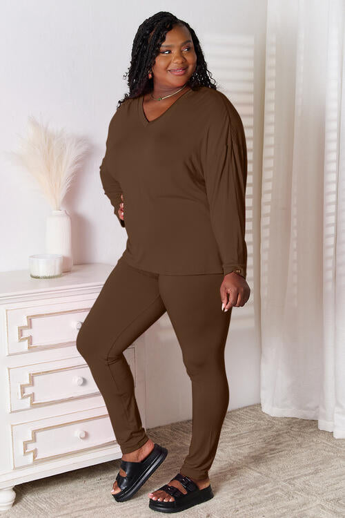 Basic Bae Full Size V-Neck Soft Rayon Long Sleeve Top and Pants Womens Lounge Set