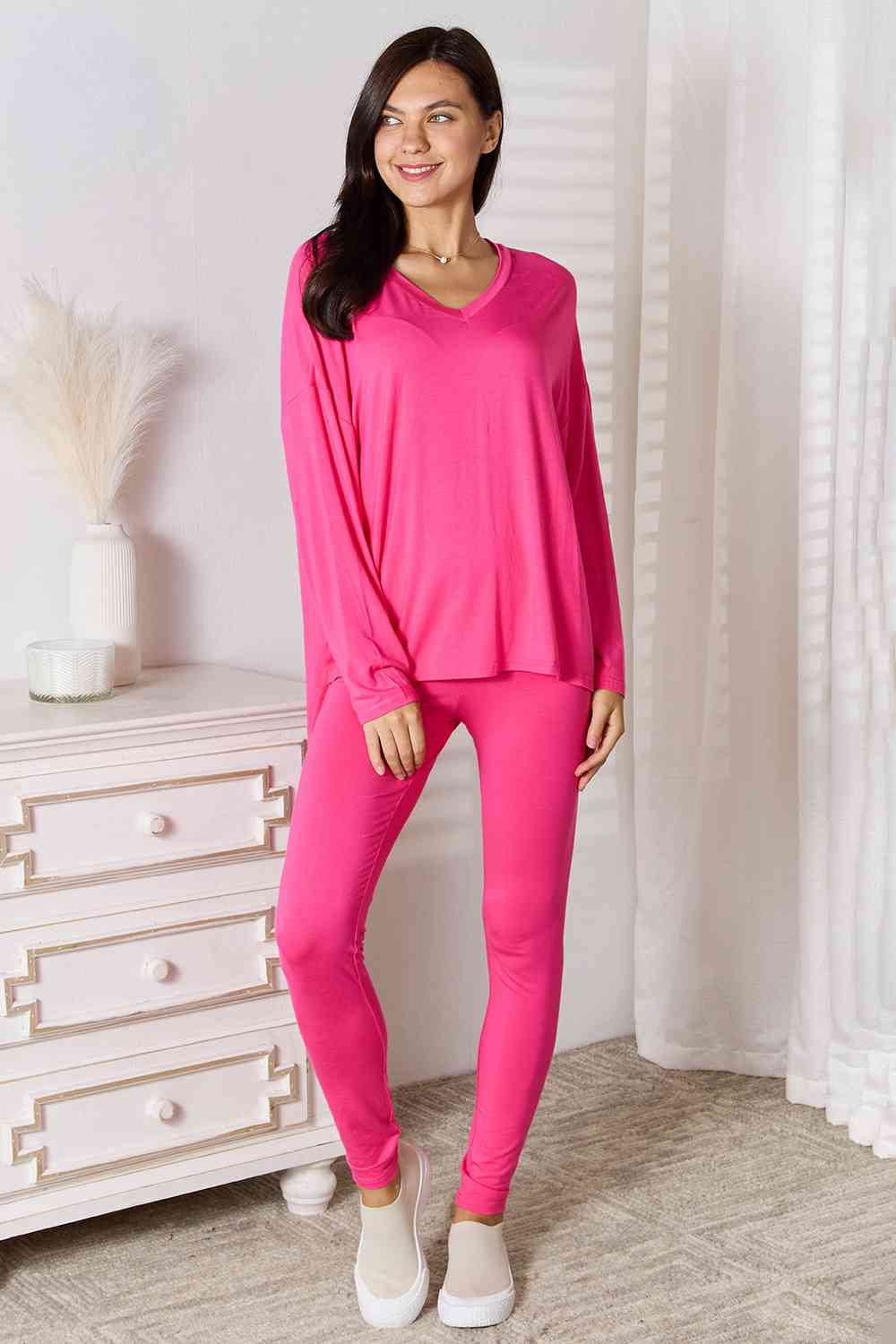 Basic Bae Full Size V-Neck Soft Rayon Long Sleeve Top and Pants Womens Lounge Set