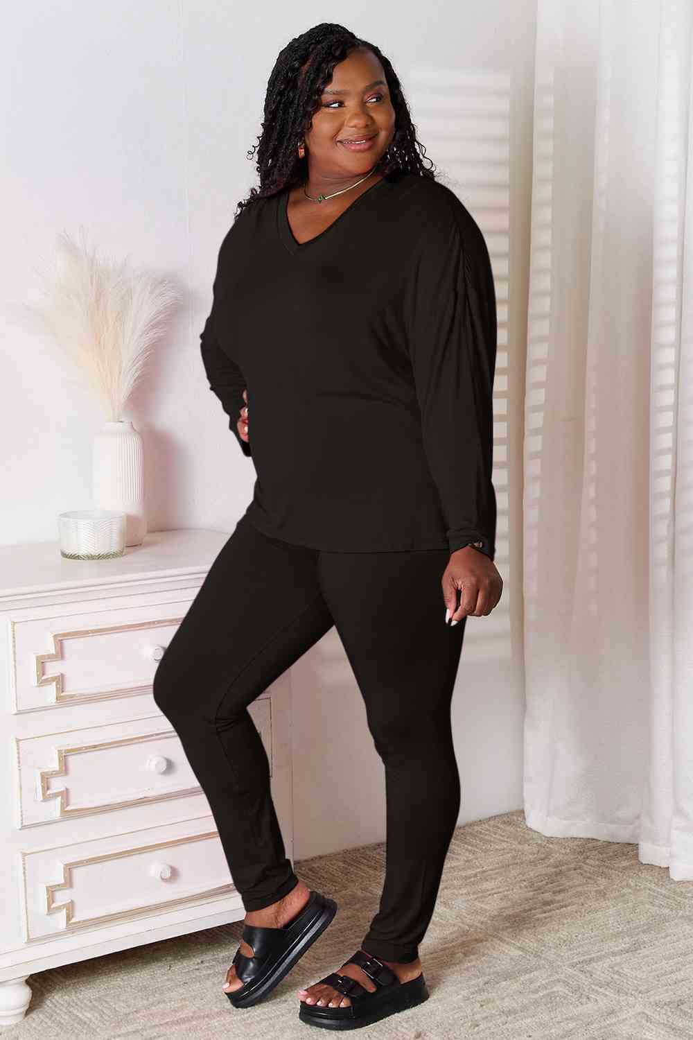 Basic Bae Full Size V-Neck Soft Rayon Long Sleeve Top and Pants Womens Lounge Set