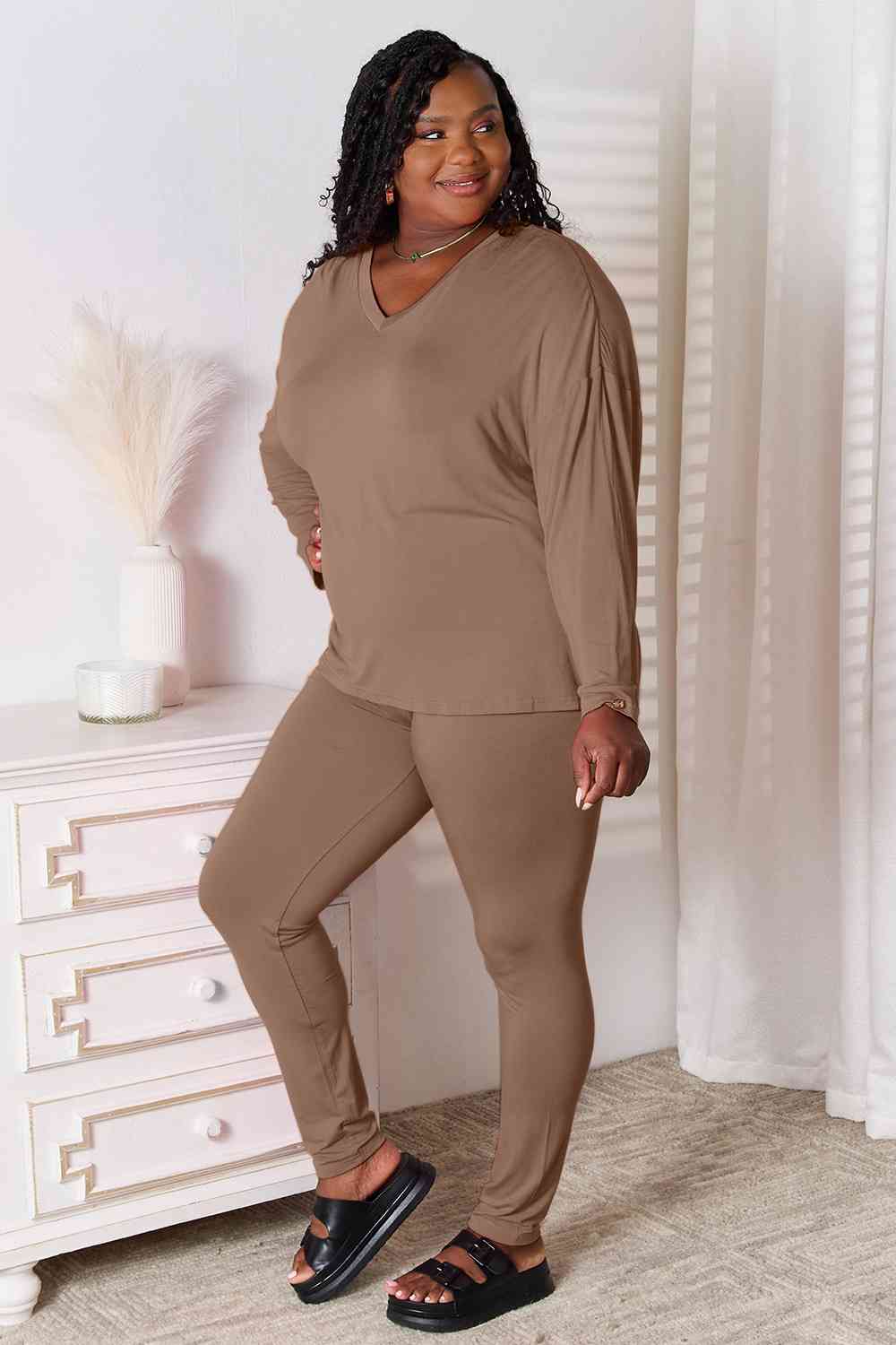 Basic Bae Full Size V-Neck Soft Rayon Long Sleeve Top and Pants Womens Lounge Set