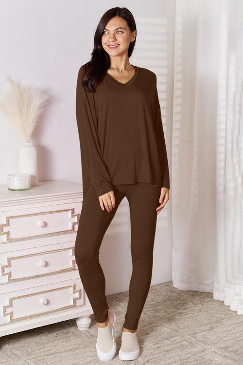 Basic Bae Full Size V-Neck Soft Rayon Long Sleeve Top and Pants Womens Lounge Set