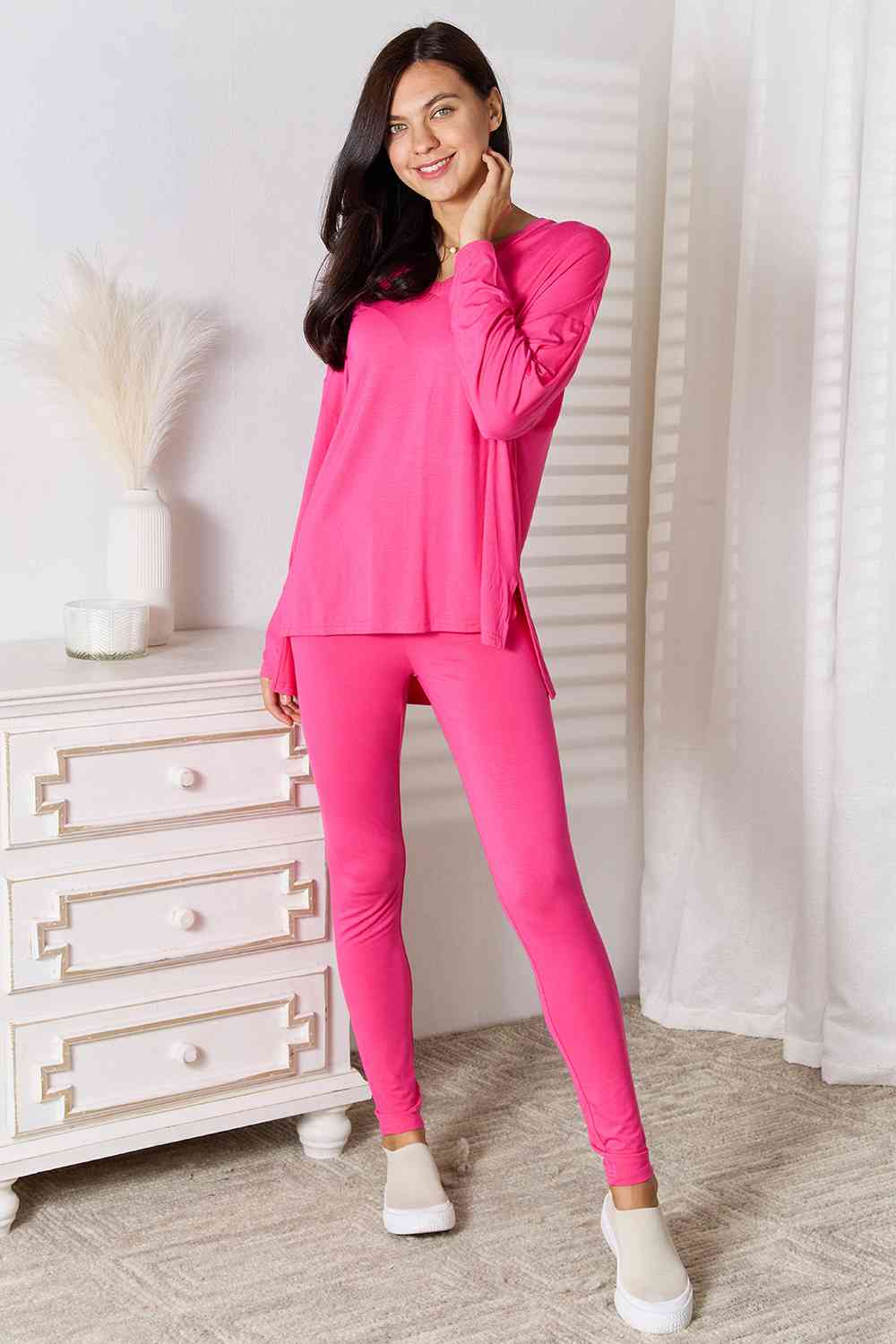 Basic Bae Full Size V-Neck Soft Rayon Long Sleeve Top and Pants Womens Lounge Set