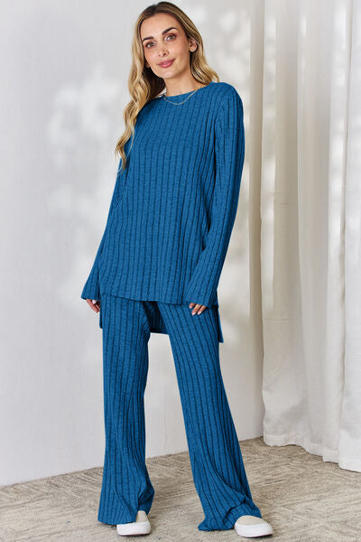Hot Buy🔥 - Comfortable Coordinated Set Basic Bae Full Size Ribbed High-Low Top and Wide Womens Leg Pants Set