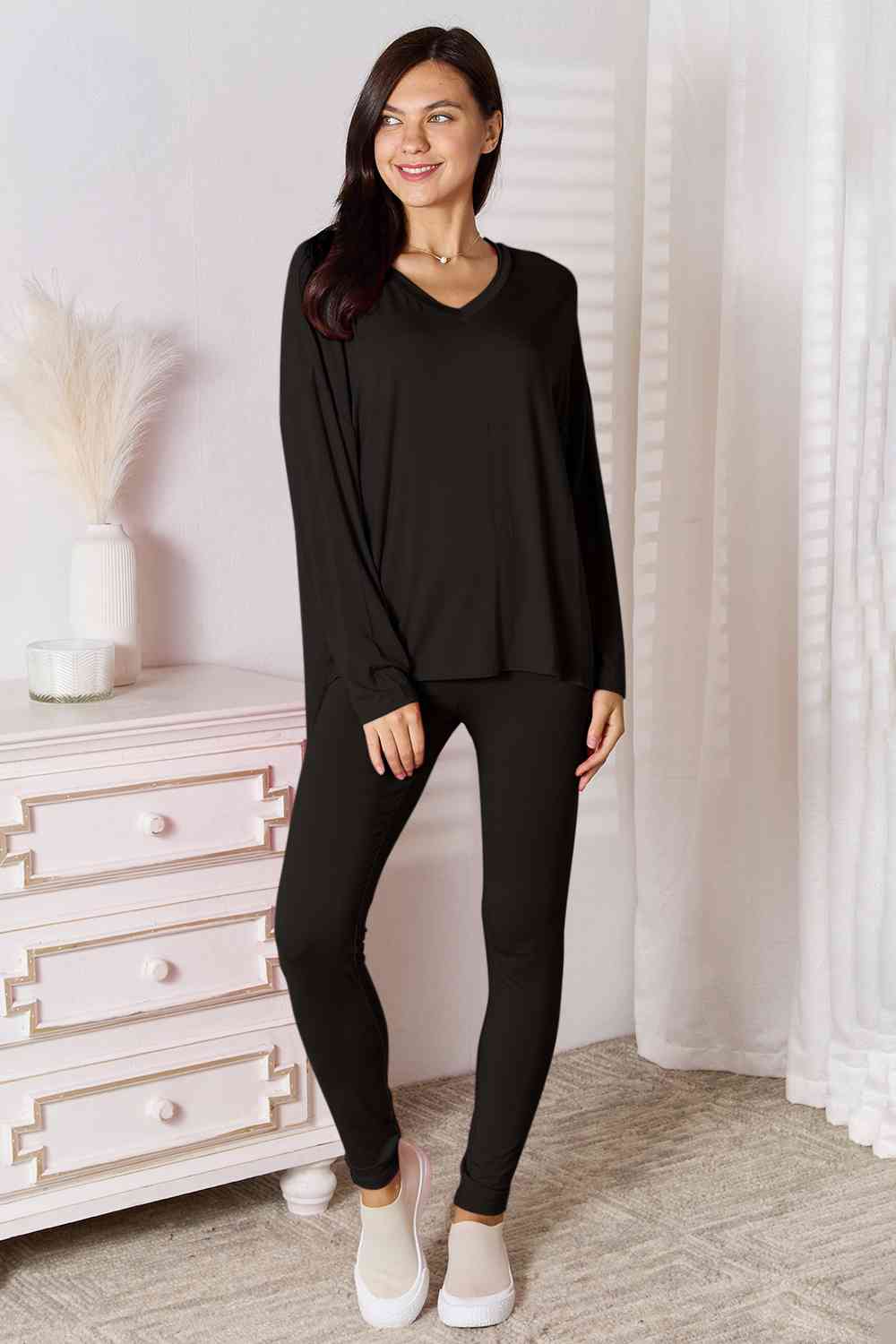 Basic Bae Full Size V-Neck Soft Rayon Long Sleeve Top and Pants Womens Lounge Set