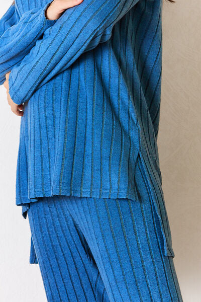 Basic Bae Full Size Ribbed Round Neck High-Low Womens Slit Top and Pants Set