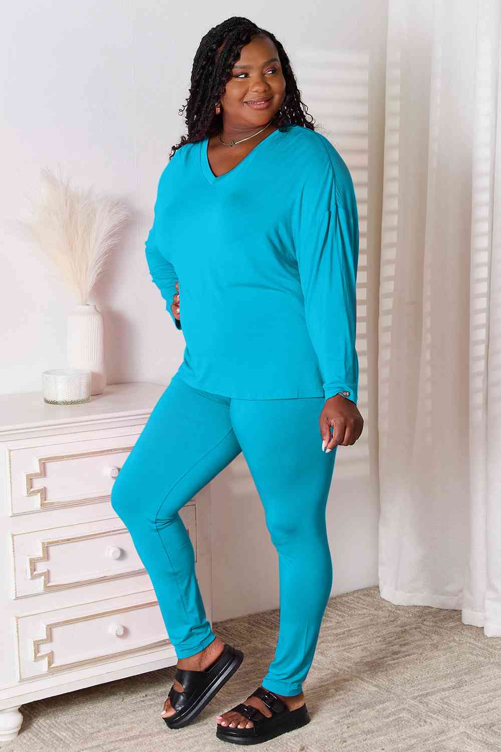 Basic Bae Full Size V-Neck Soft Rayon Long Sleeve Top and Pants Womens Lounge Set