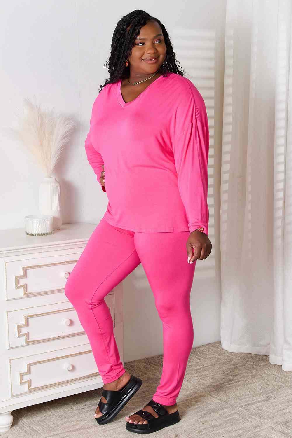 Basic Bae Full Size V-Neck Soft Rayon Long Sleeve Top and Pants Womens Lounge Set