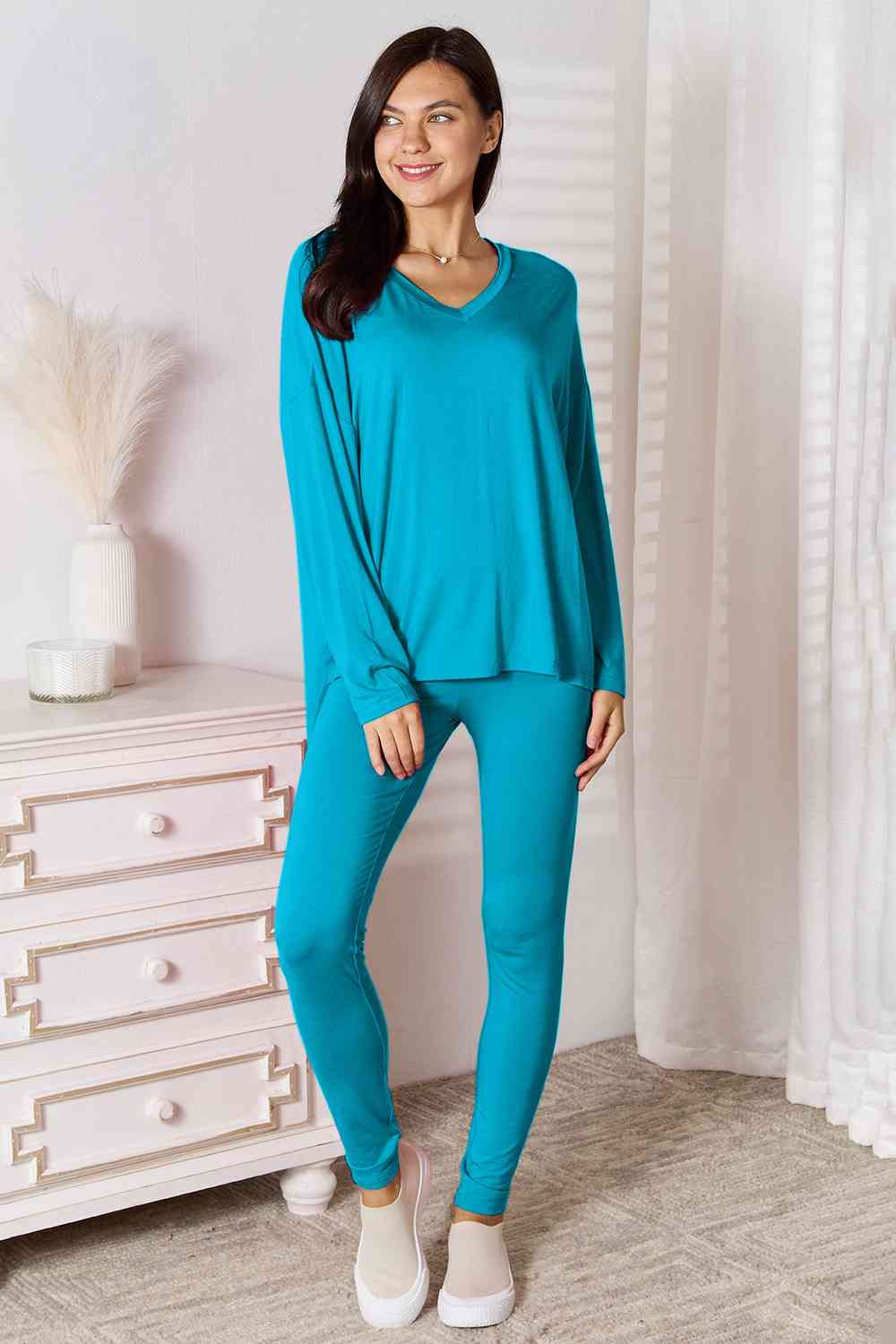 Basic Bae Full Size V-Neck Soft Rayon Long Sleeve Top and Pants Womens Lounge Set