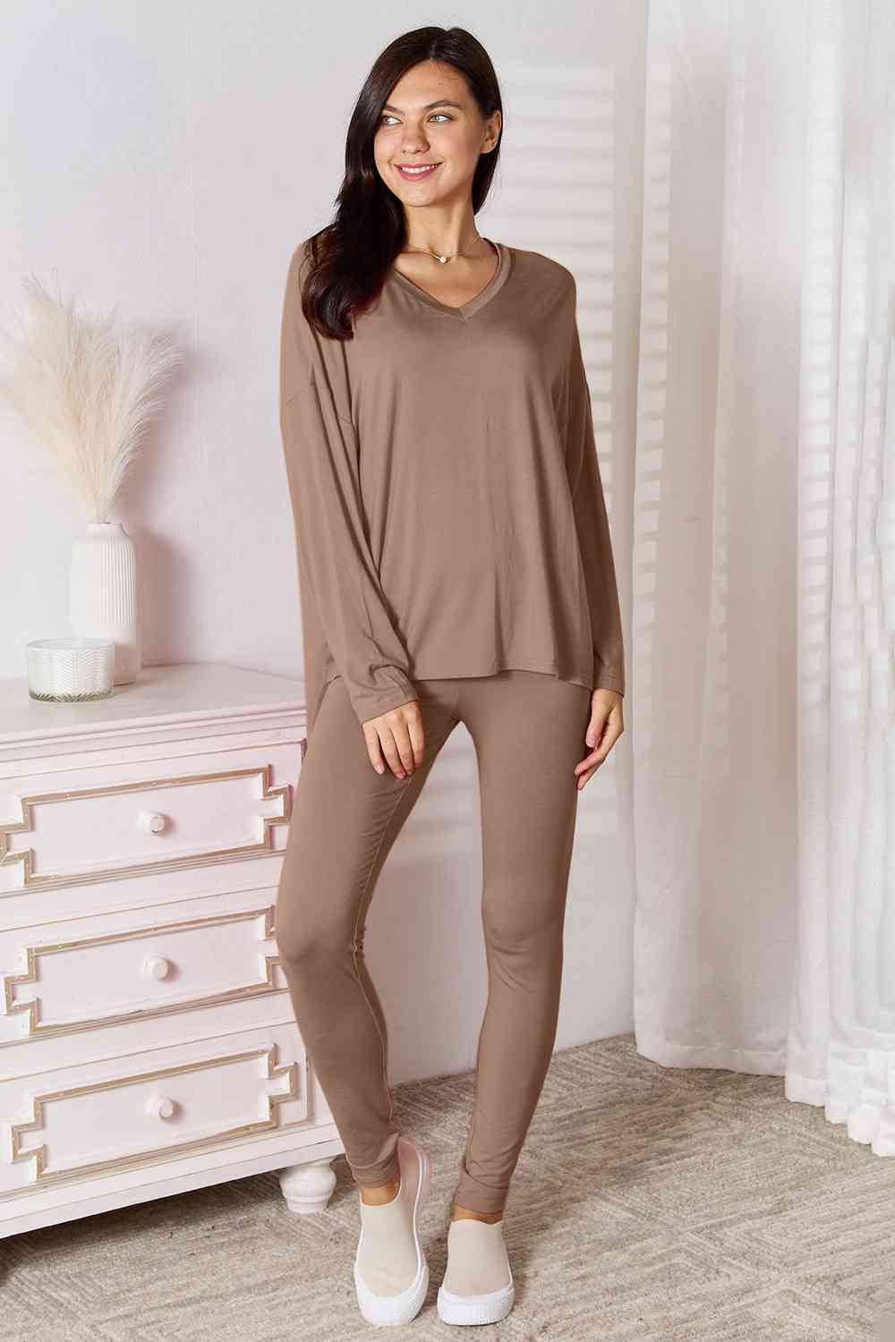 Basic Bae Full Size V-Neck Soft Rayon Long Sleeve Top and Pants Womens Lounge Set