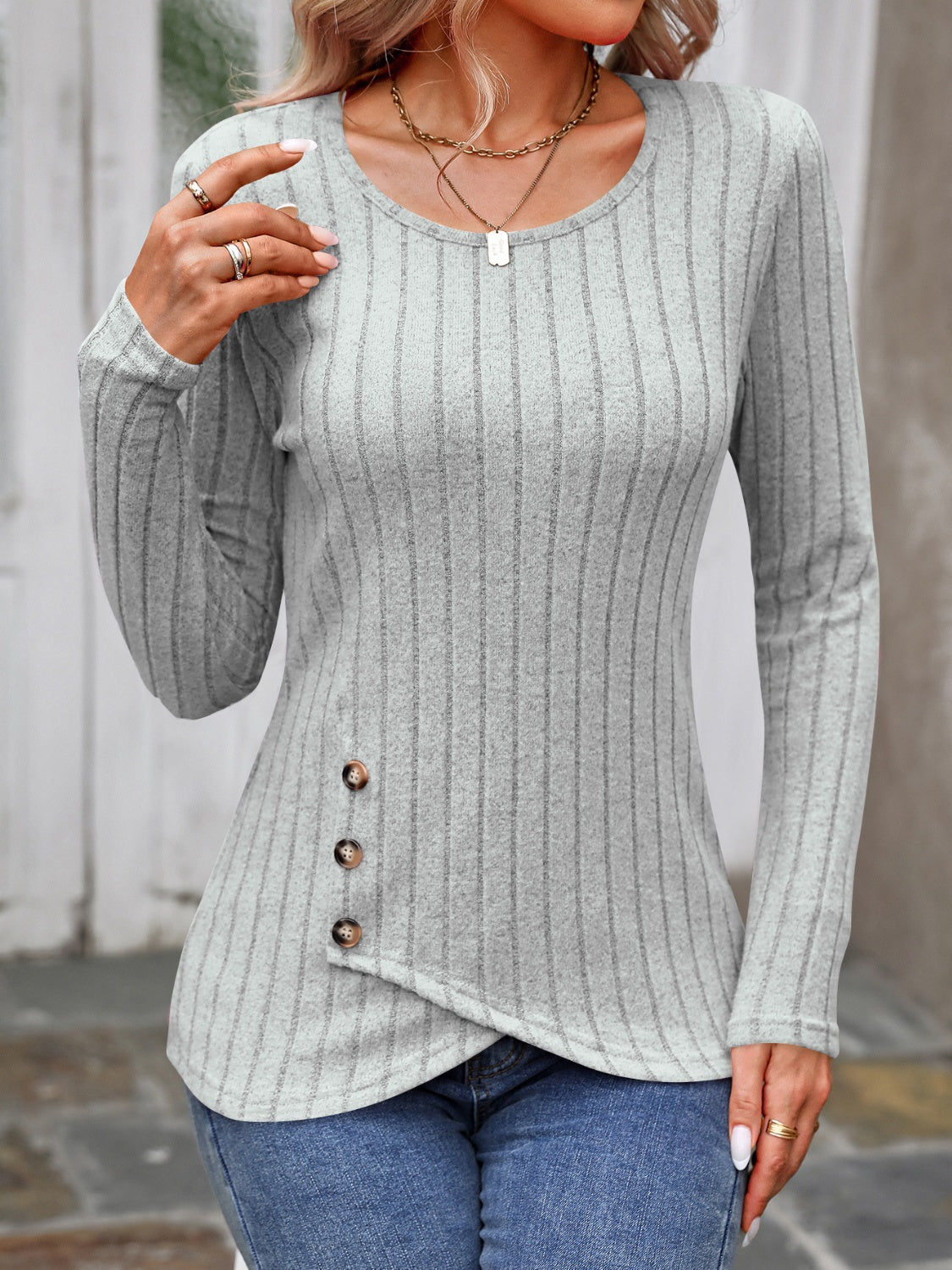 Decorative Button Round Neck Long Sleeve Shirt