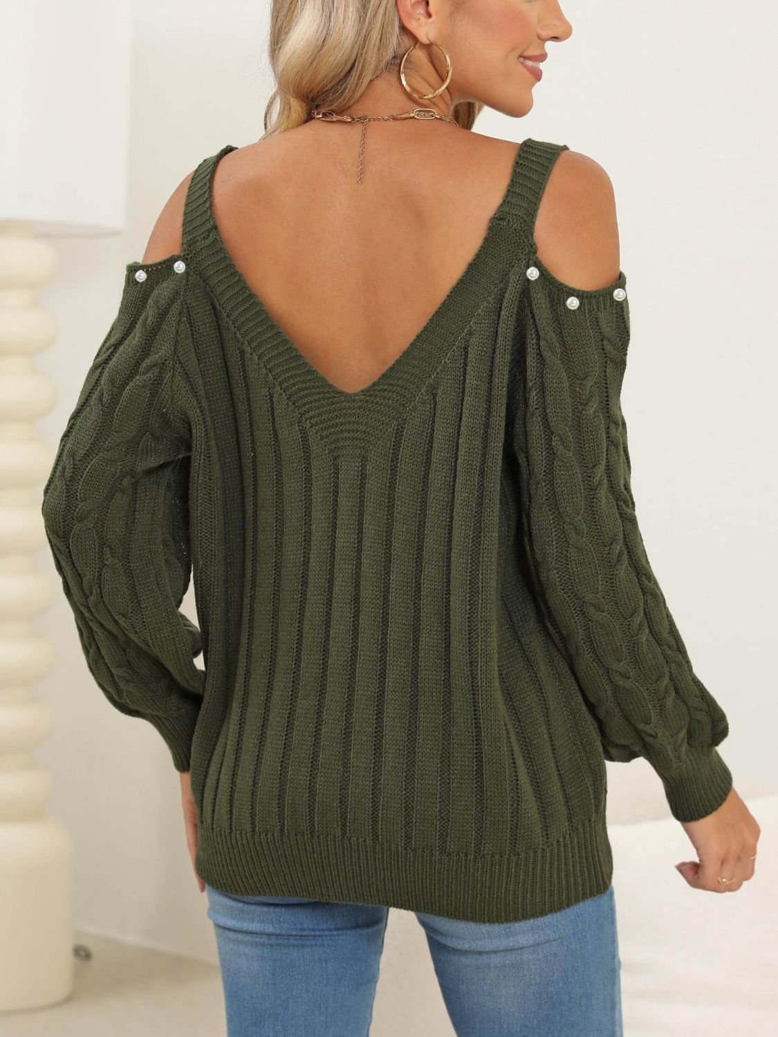 Cable-Knit Cold Shoulder Womens Sweater