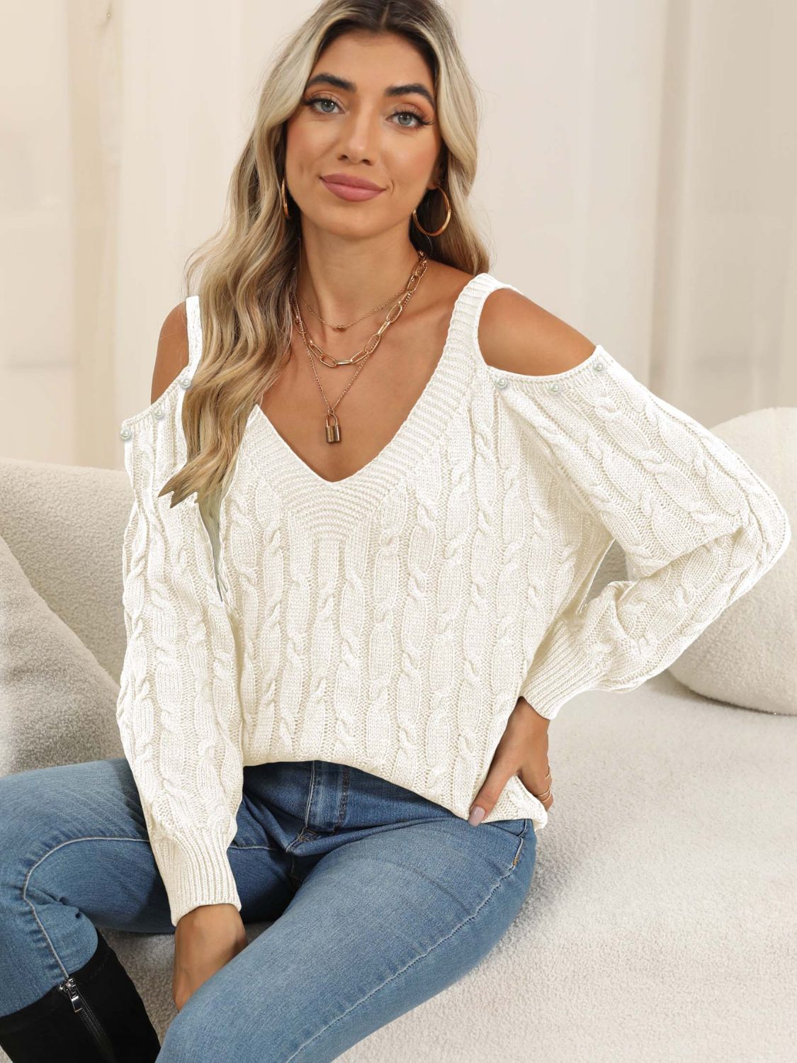 Cable-Knit Cold Shoulder Womens Sweater