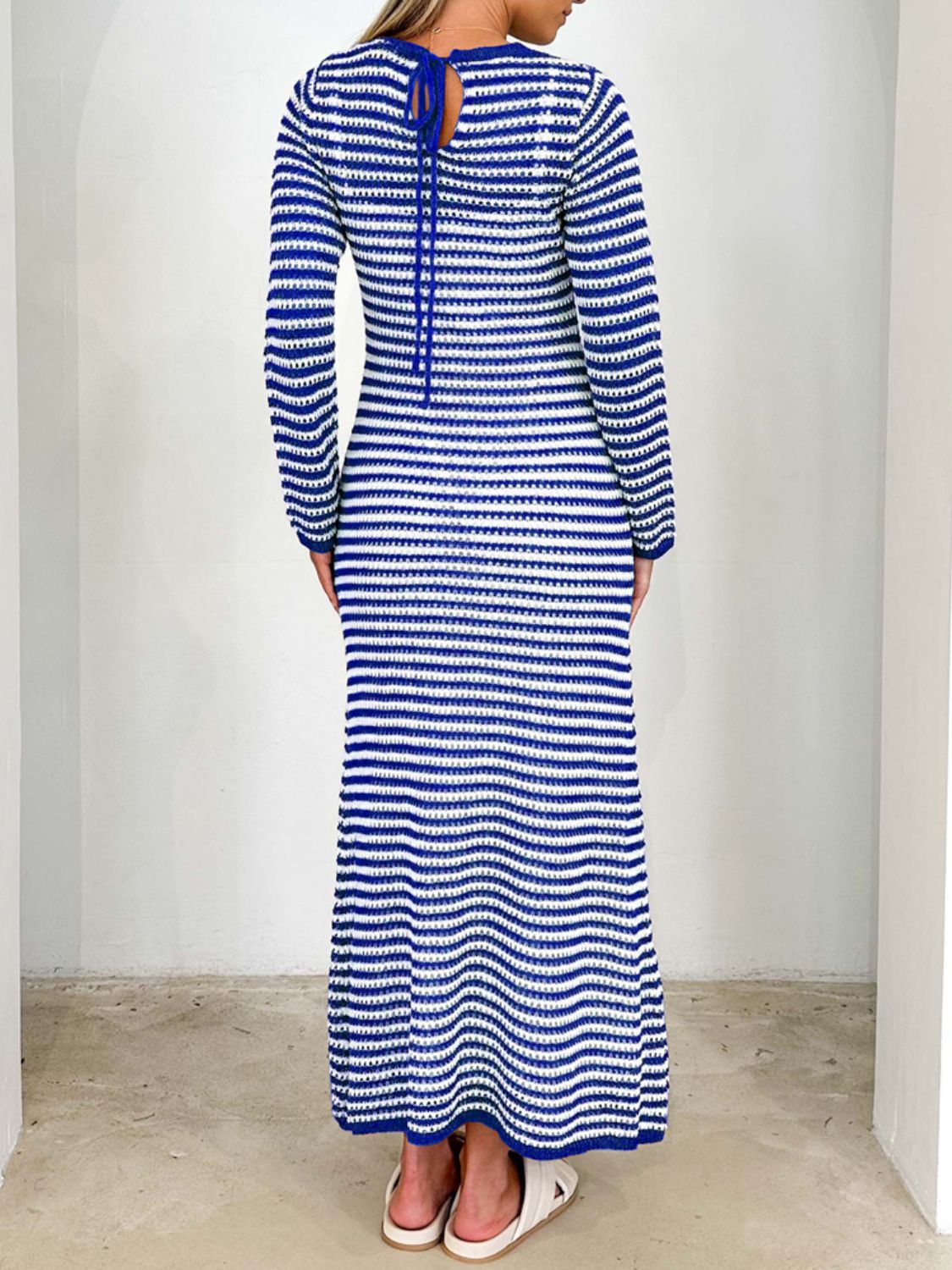 Devine Tied Round Neck Striped Sweater Dress