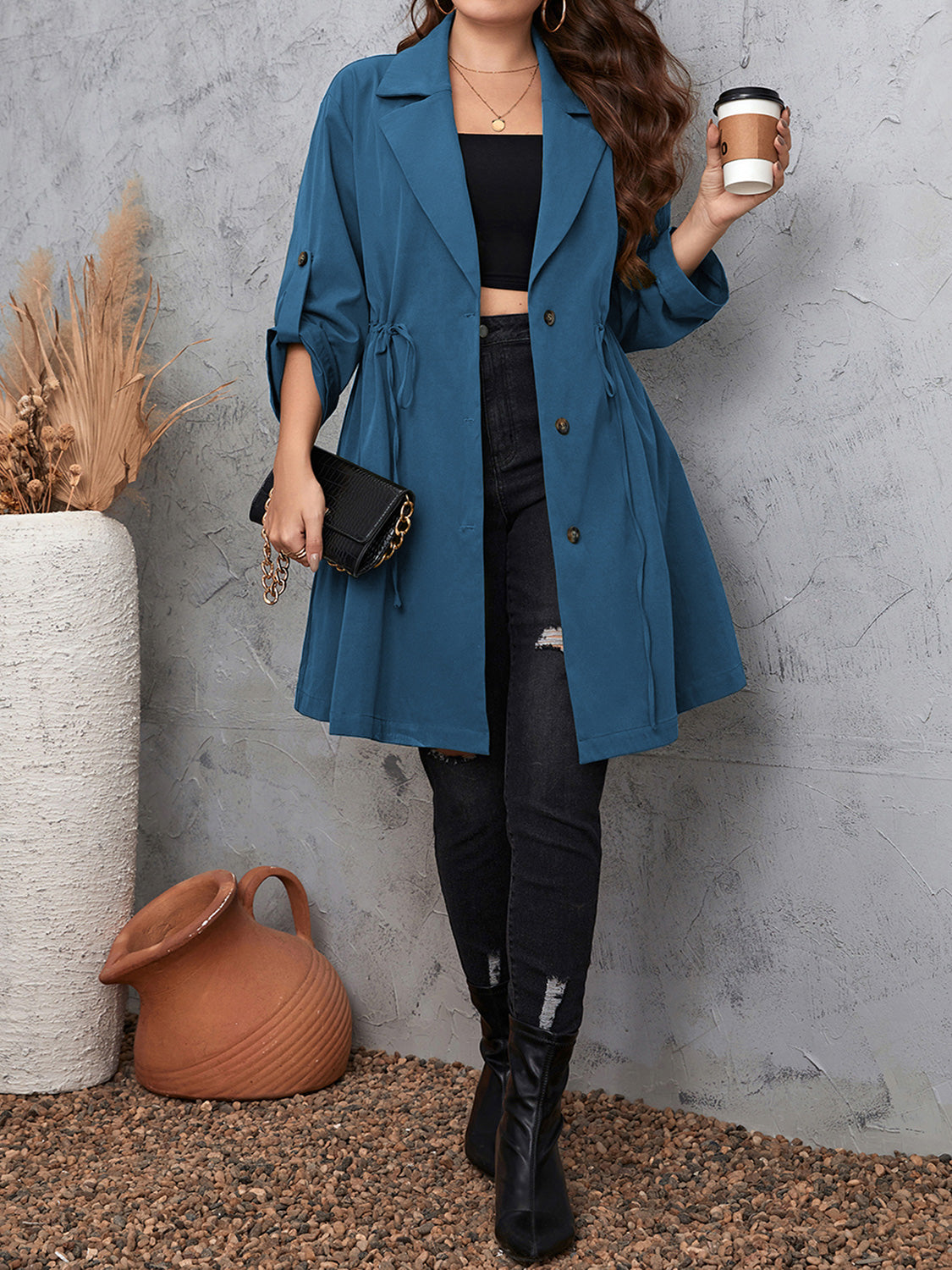 Plus Size Lapel Collar Womens Roll-Tab Sleeve Trench Coat