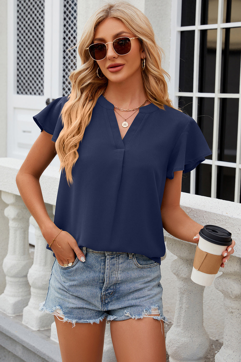 Notched Cap Sleeve Blouse