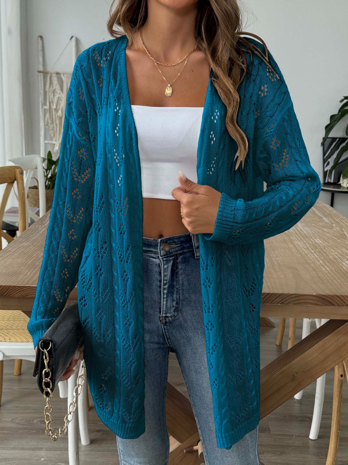 Sale - Openwork Open Front Long Sleeve Cardigan