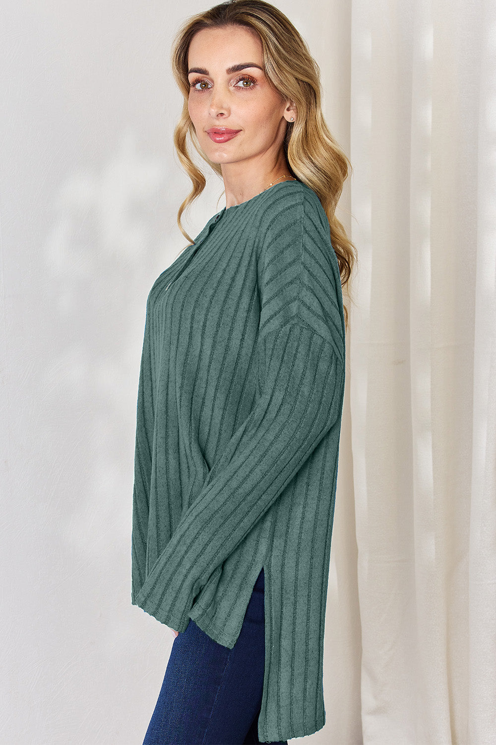 Basic Bae Full Size Ribbed Half Button Long Sleeve High-Low shirt