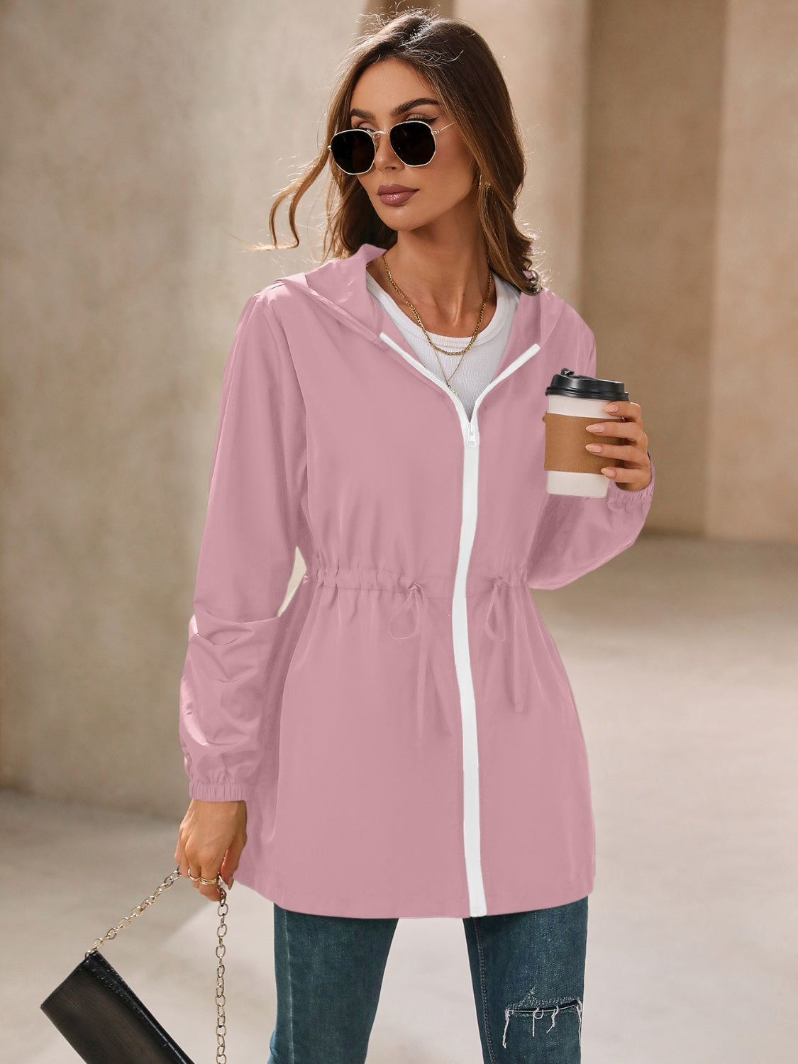 Zip Up Long Sleeve Womens Hooded Jacket