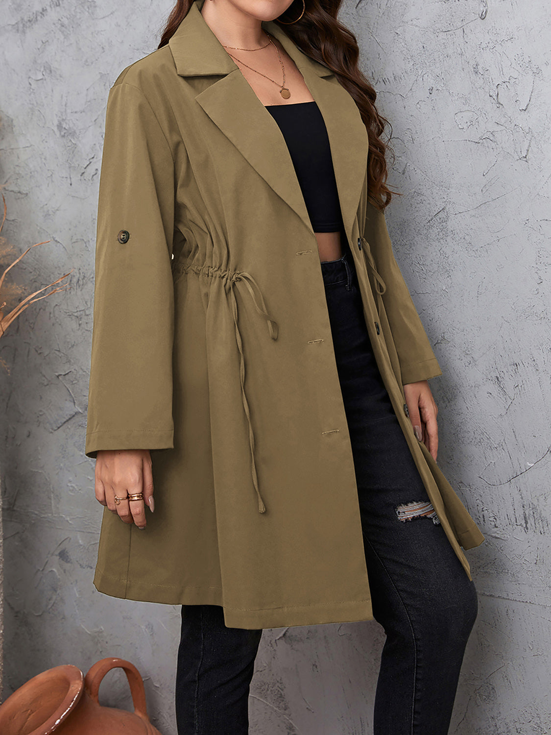 Plus Size Lapel Collar Womens Roll-Tab Sleeve Trench Coat