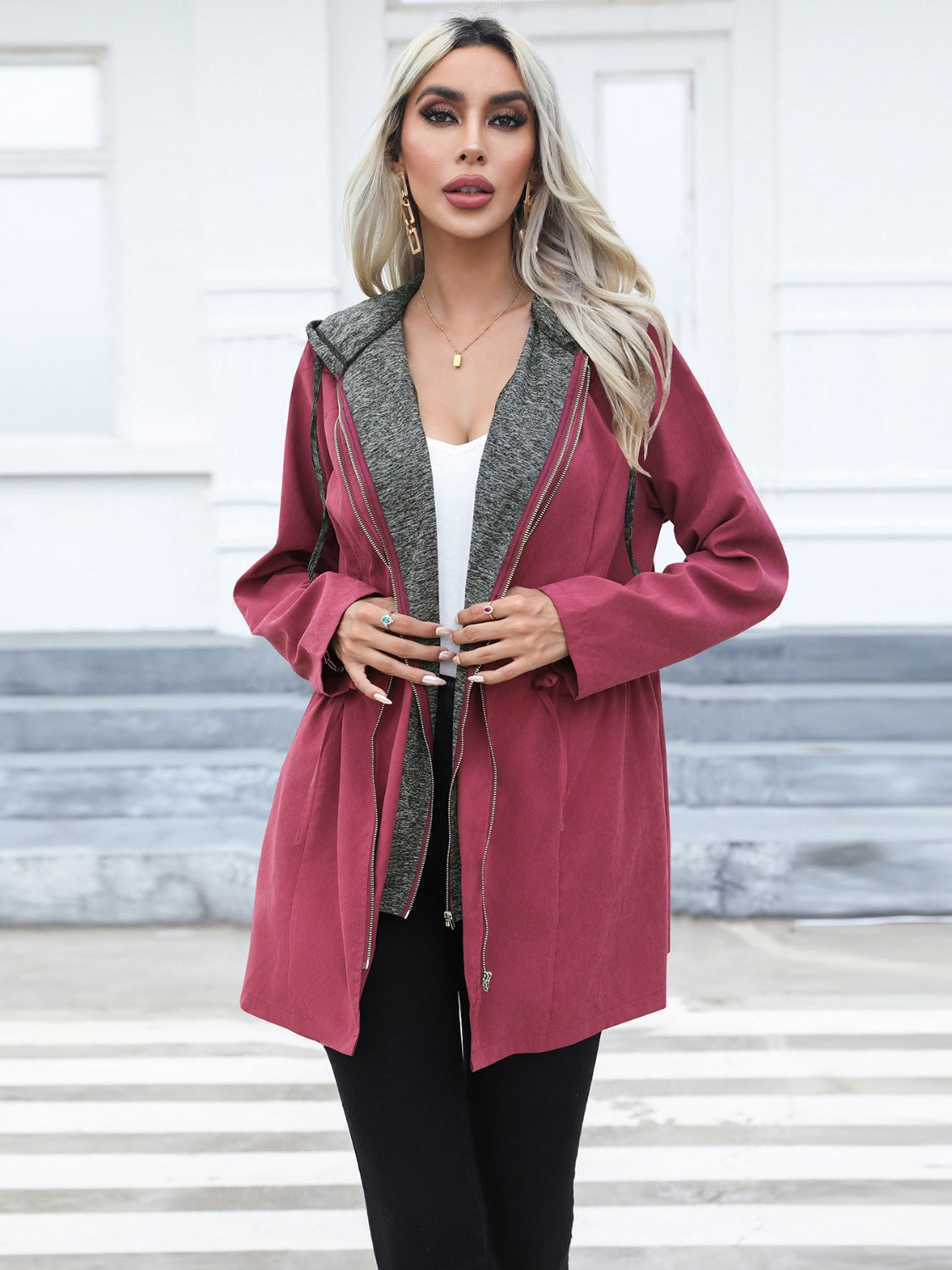 Zip Up Hooded Trench Coat