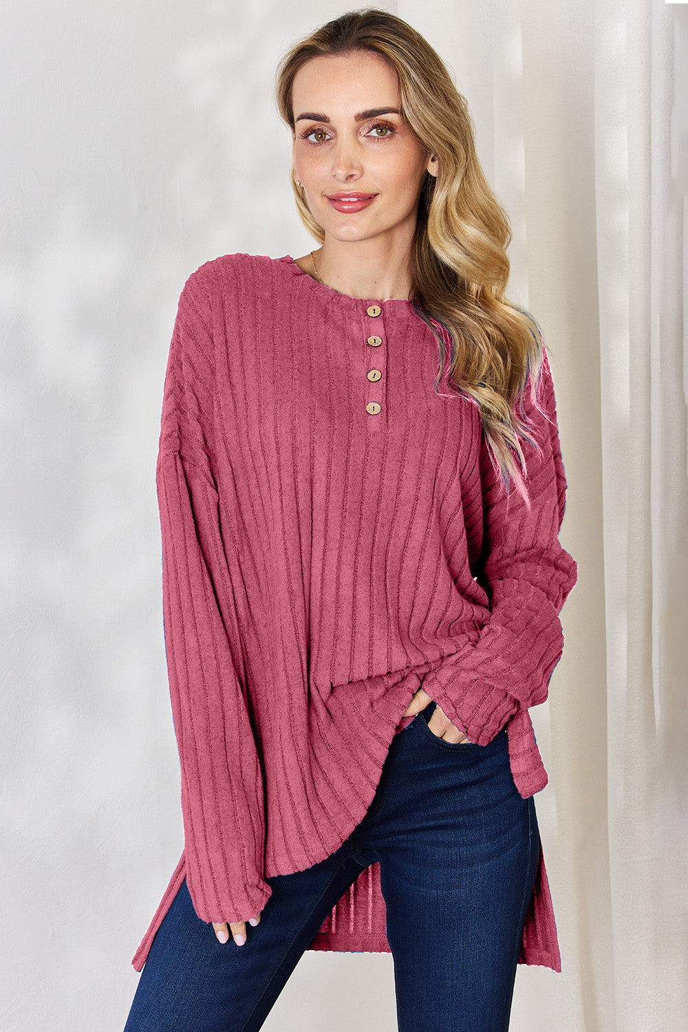 Basic Bae Full Size Ribbed Half Button Long Sleeve High-Low shirt