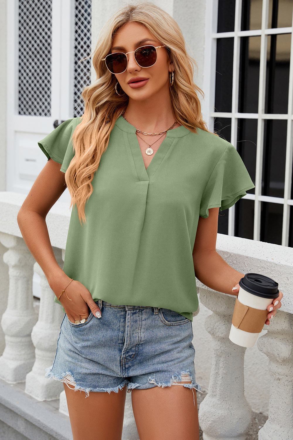 Notched Cap Sleeve Blouse