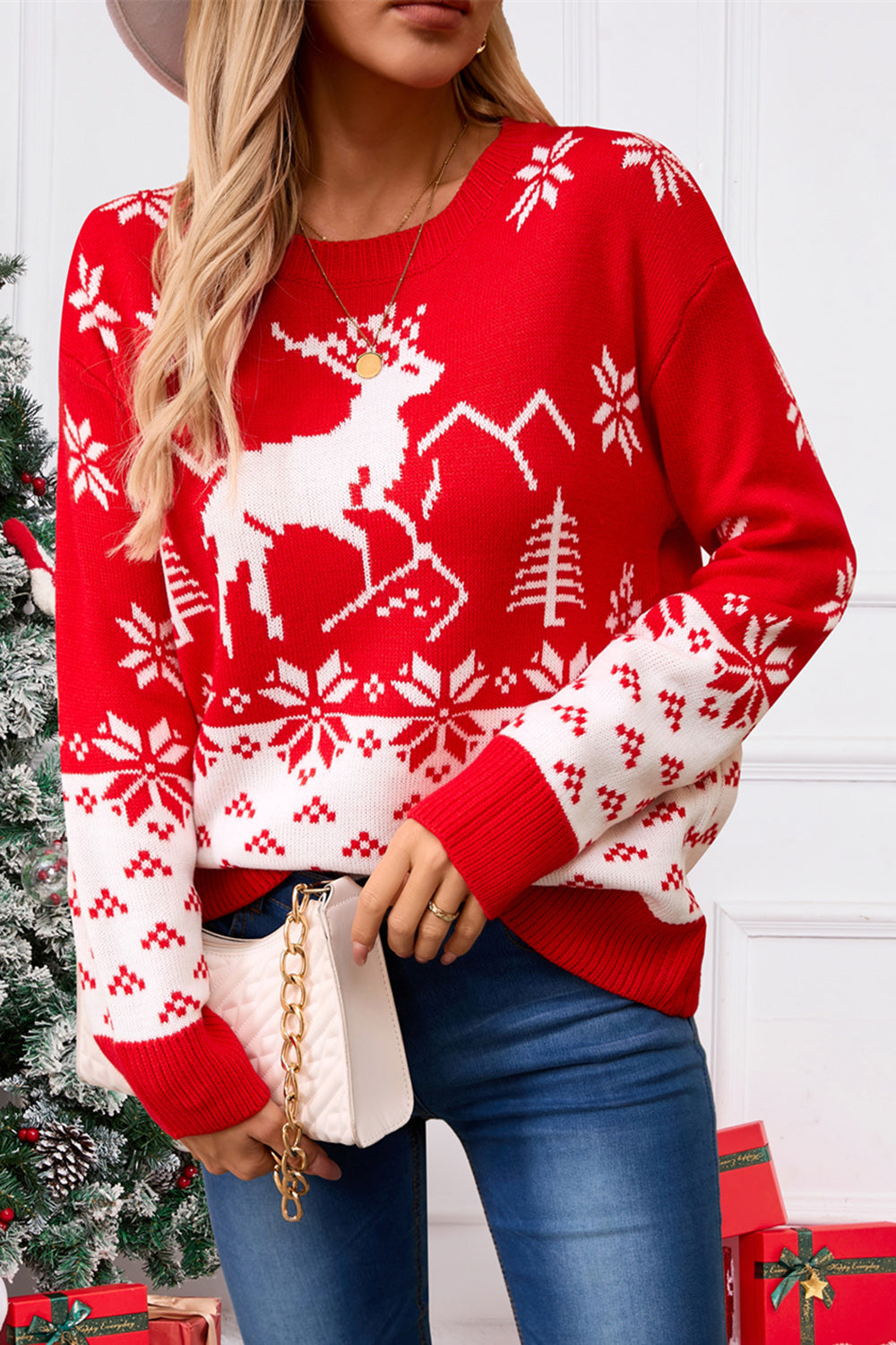 Angel Wings Deer Pattern Round Neck Long Sleeve Sweater