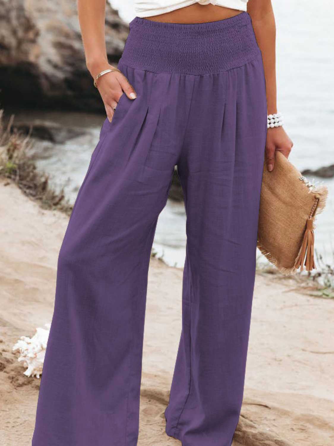 Smocked Waist Wide Leg Pants