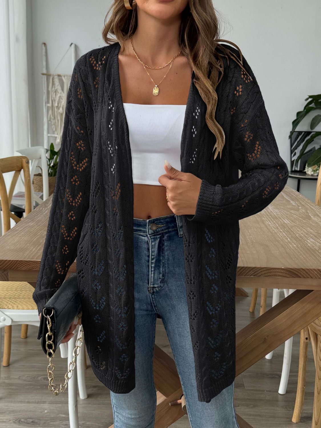 Sale - Openwork Open Front Long Sleeve Cardigan