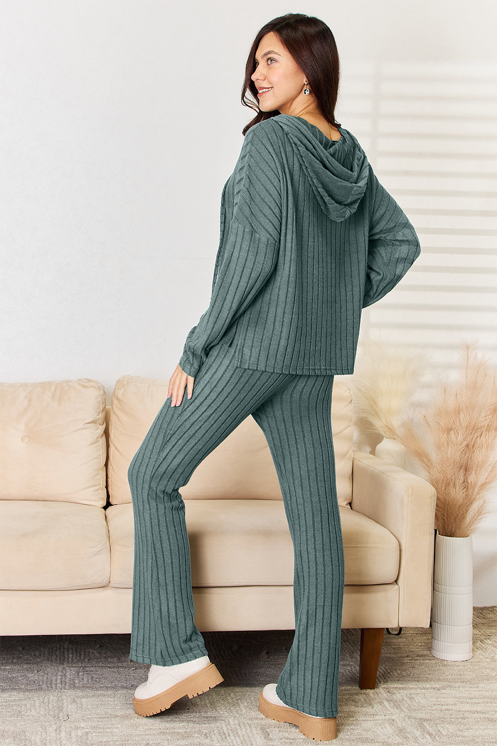 Basic Bae Full Size Ribbed Hooded Top and Straight Pants Set