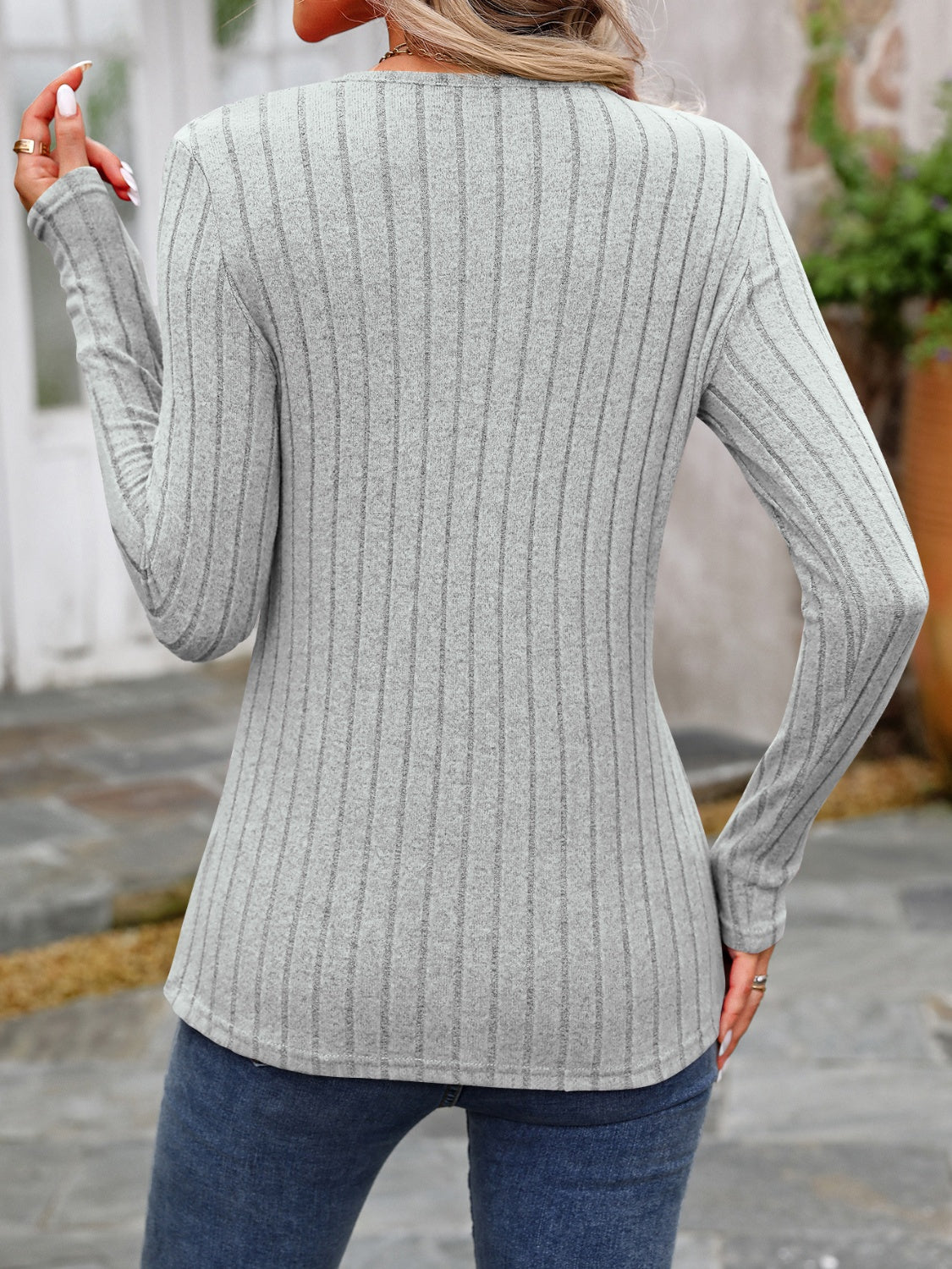 Decorative Button Round Neck Long Sleeve Shirt