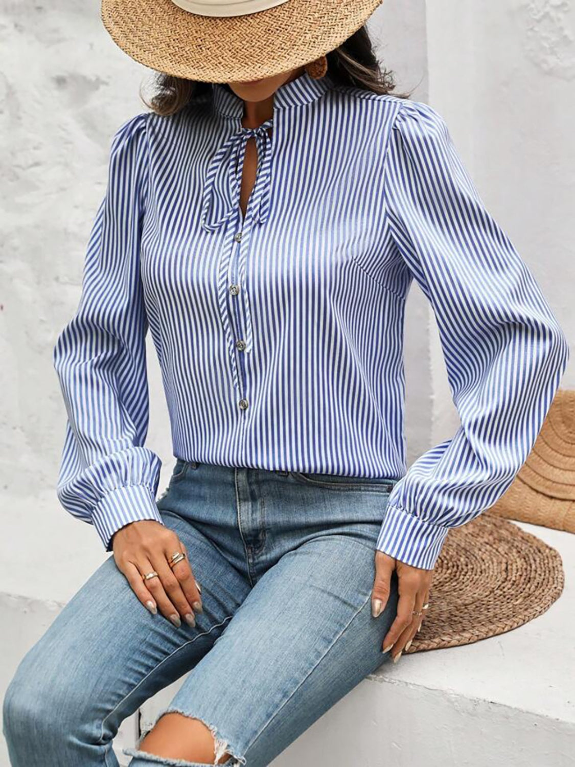 Striped Tie Neck Long Sleeve Blouse