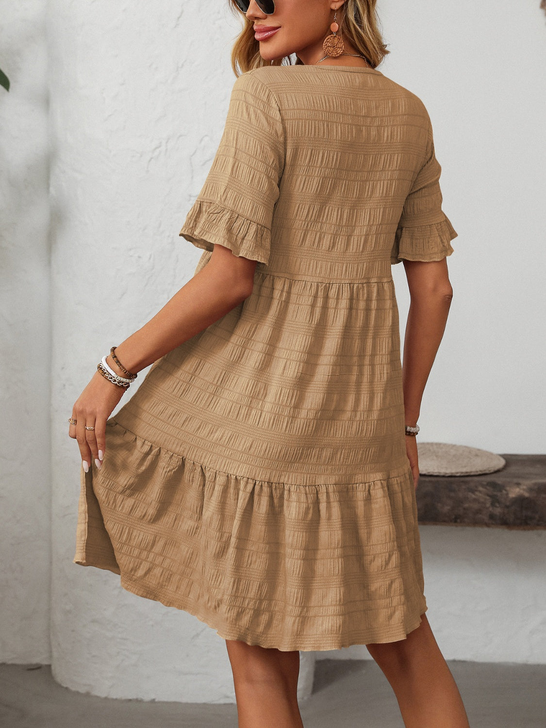 Mandy Ruffled Ruched Round Neck Half Sleeve Dress