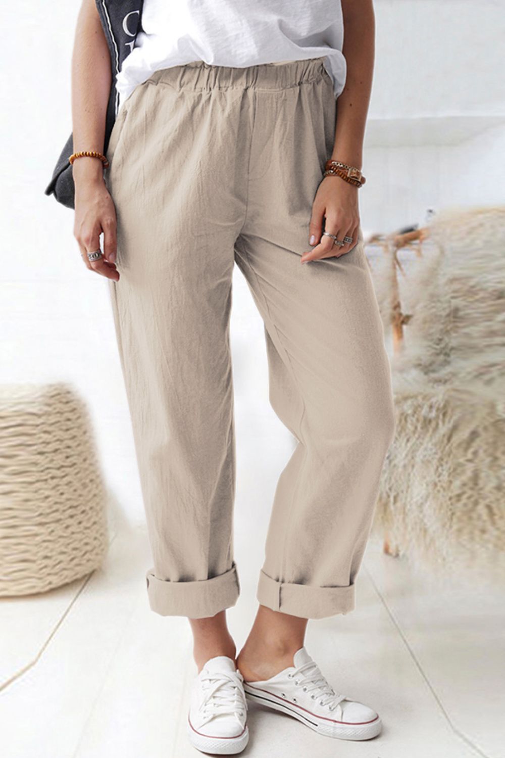 Shiny Waist Pull-On Pants with Pockets