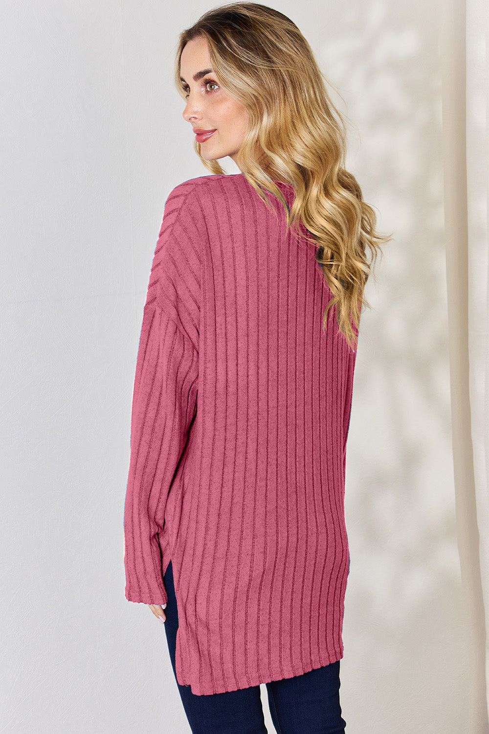 Basic Bae Full Size Ribbed Half Button Long Sleeve High-Low shirt