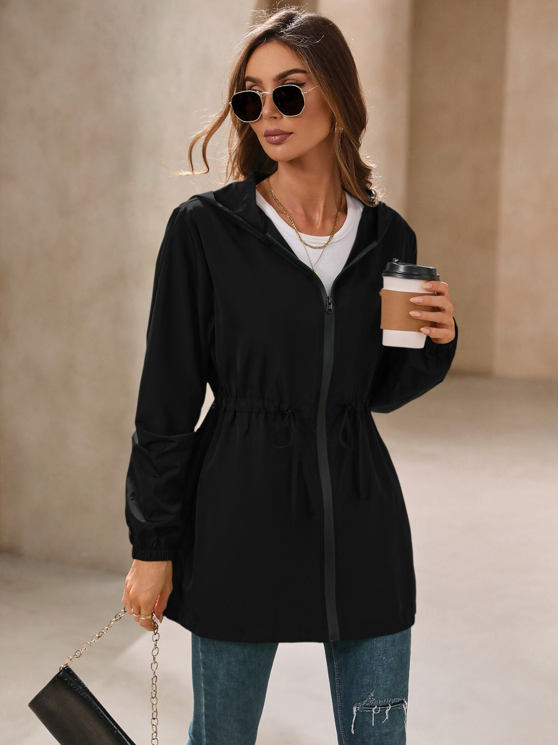 Zip Up Long Sleeve Womens Hooded Jacket