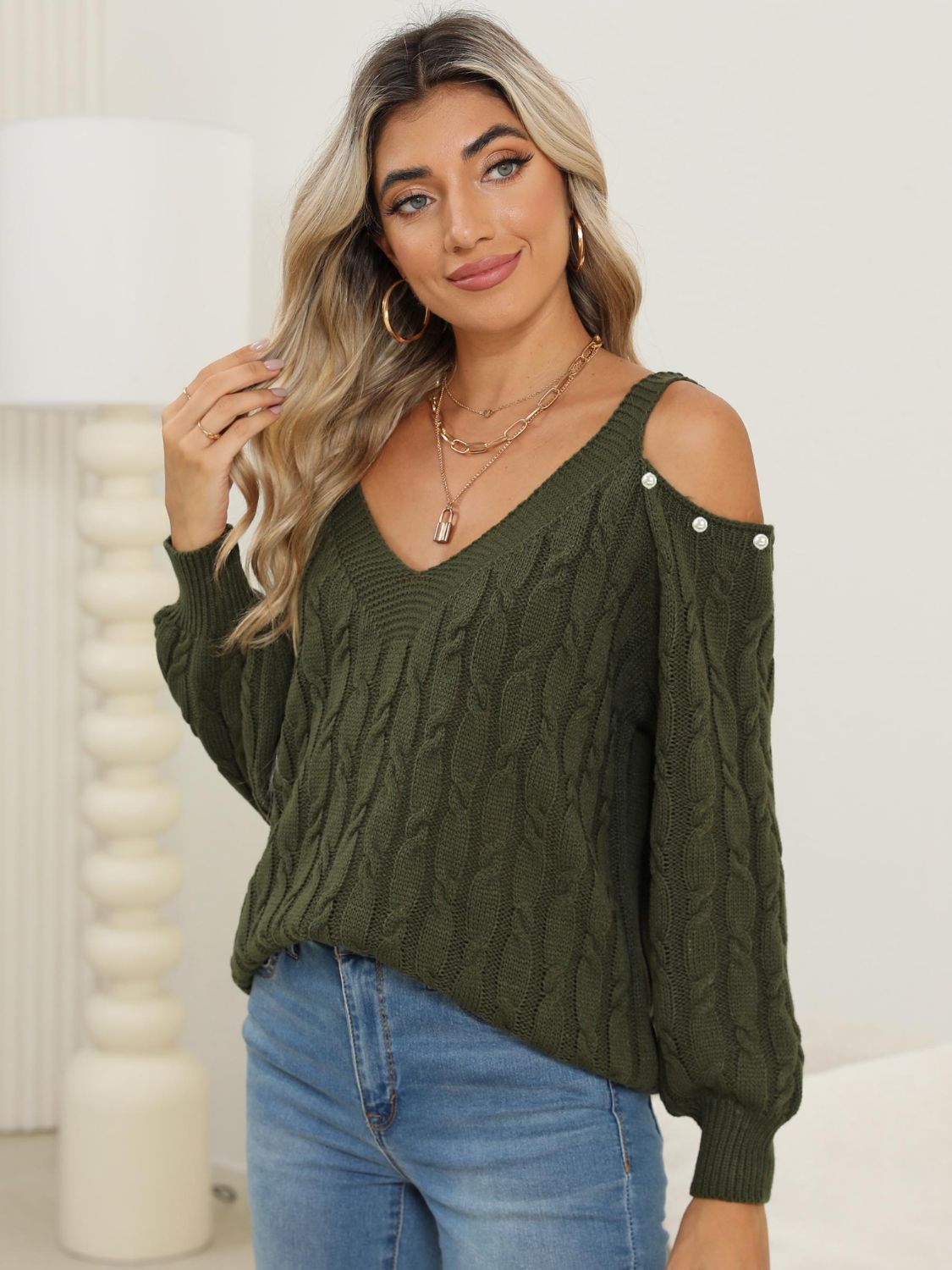 Cable-Knit Cold Shoulder Womens Sweater