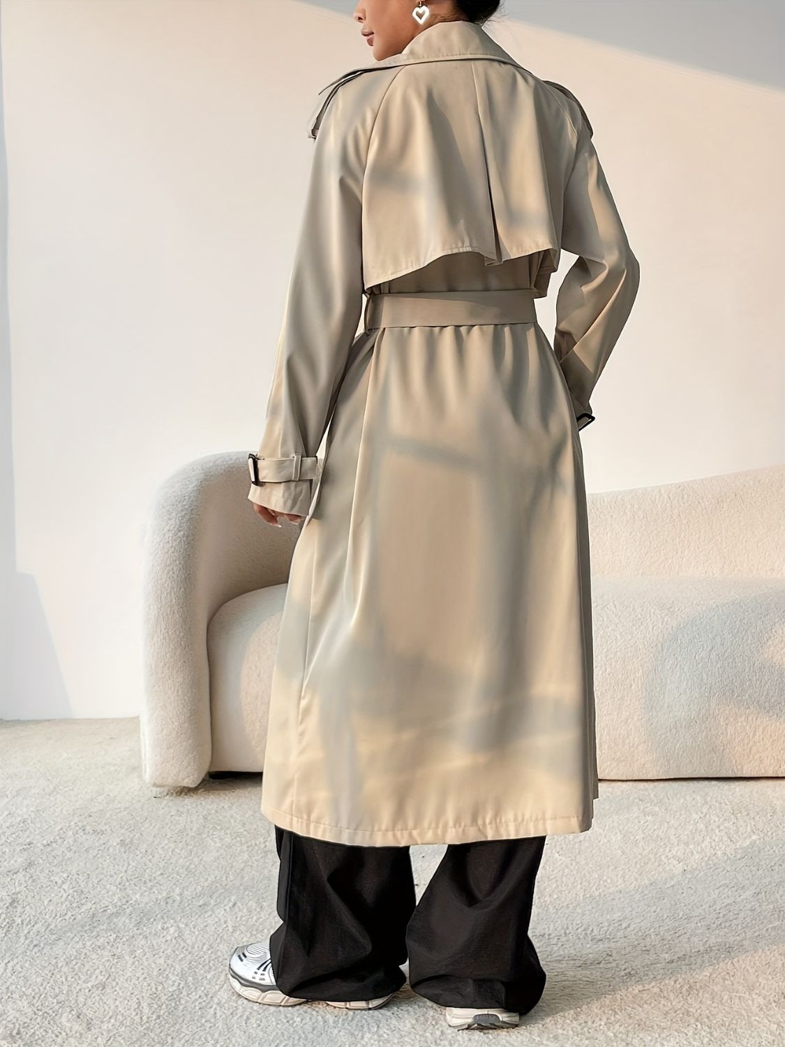 Collared Neck Long Sleeve Longline Trench Coat