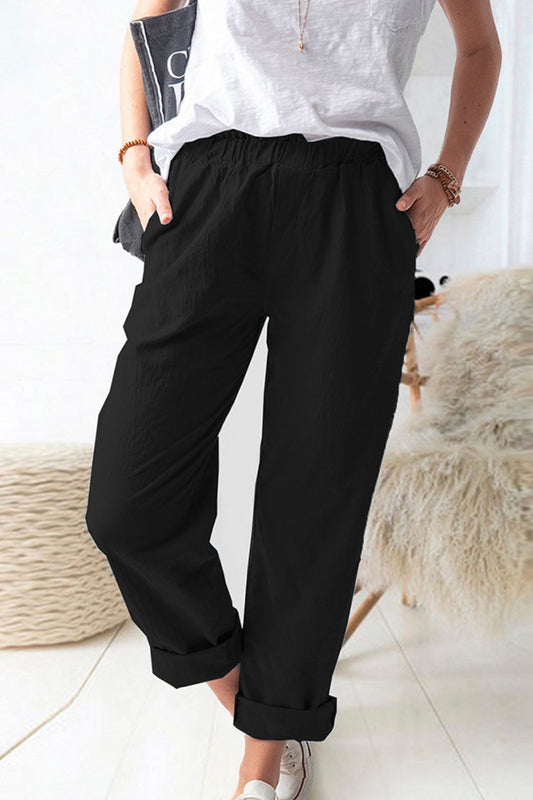 Shiny Waist Pull-On Pants with Pockets