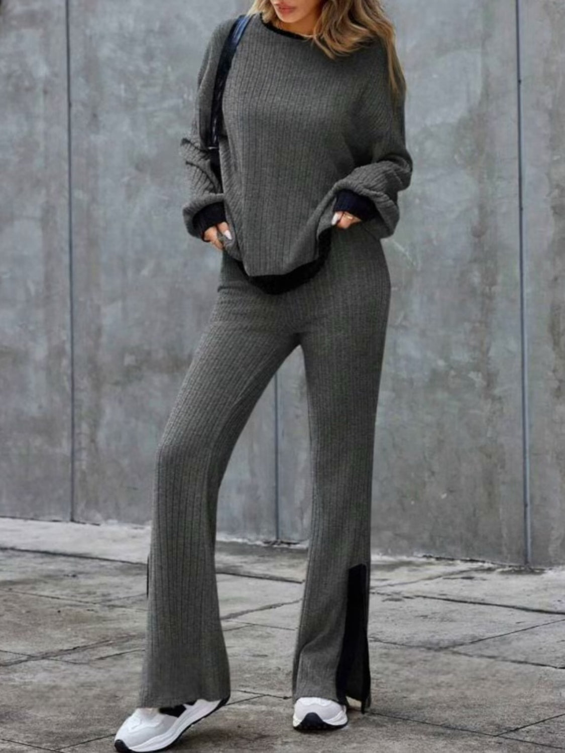 Contrast Round Neck Long Sleeve Top and Pants Set