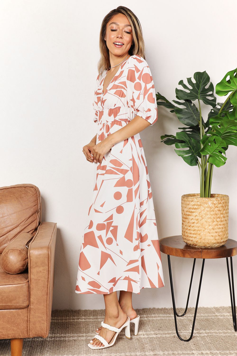 Surplice Balloon Sleeve Printed Dress