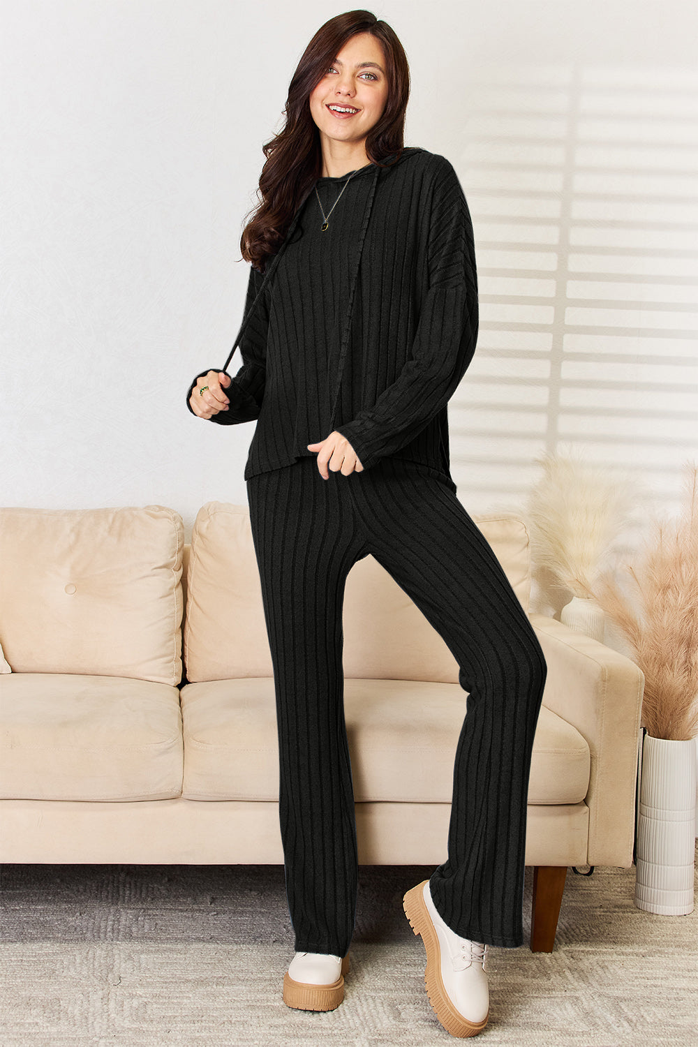 Basic Bae Full Size Ribbed Hooded Top and Straight Pants Set