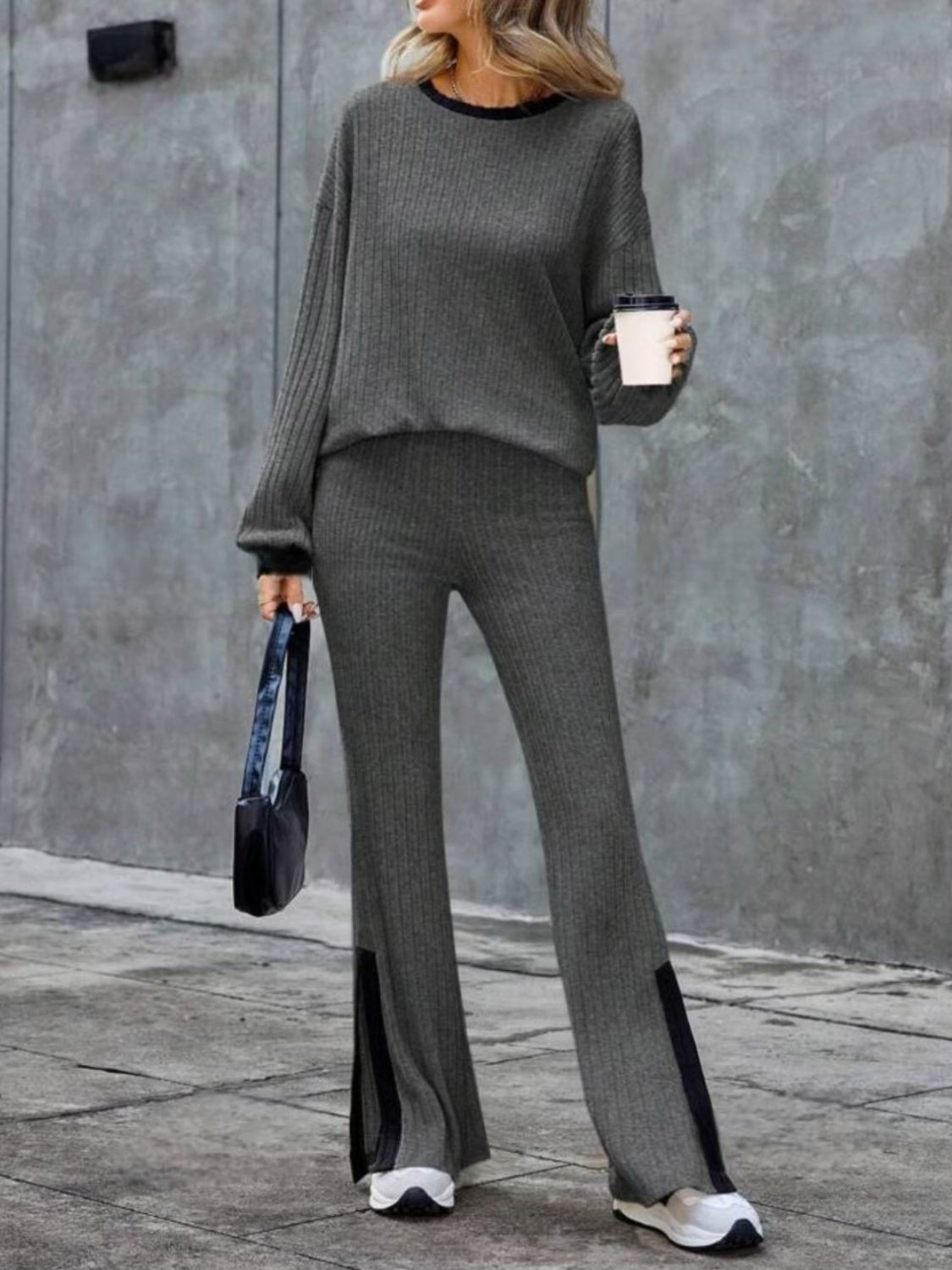 Contrast Round Neck Long Sleeve Top and Pants Set