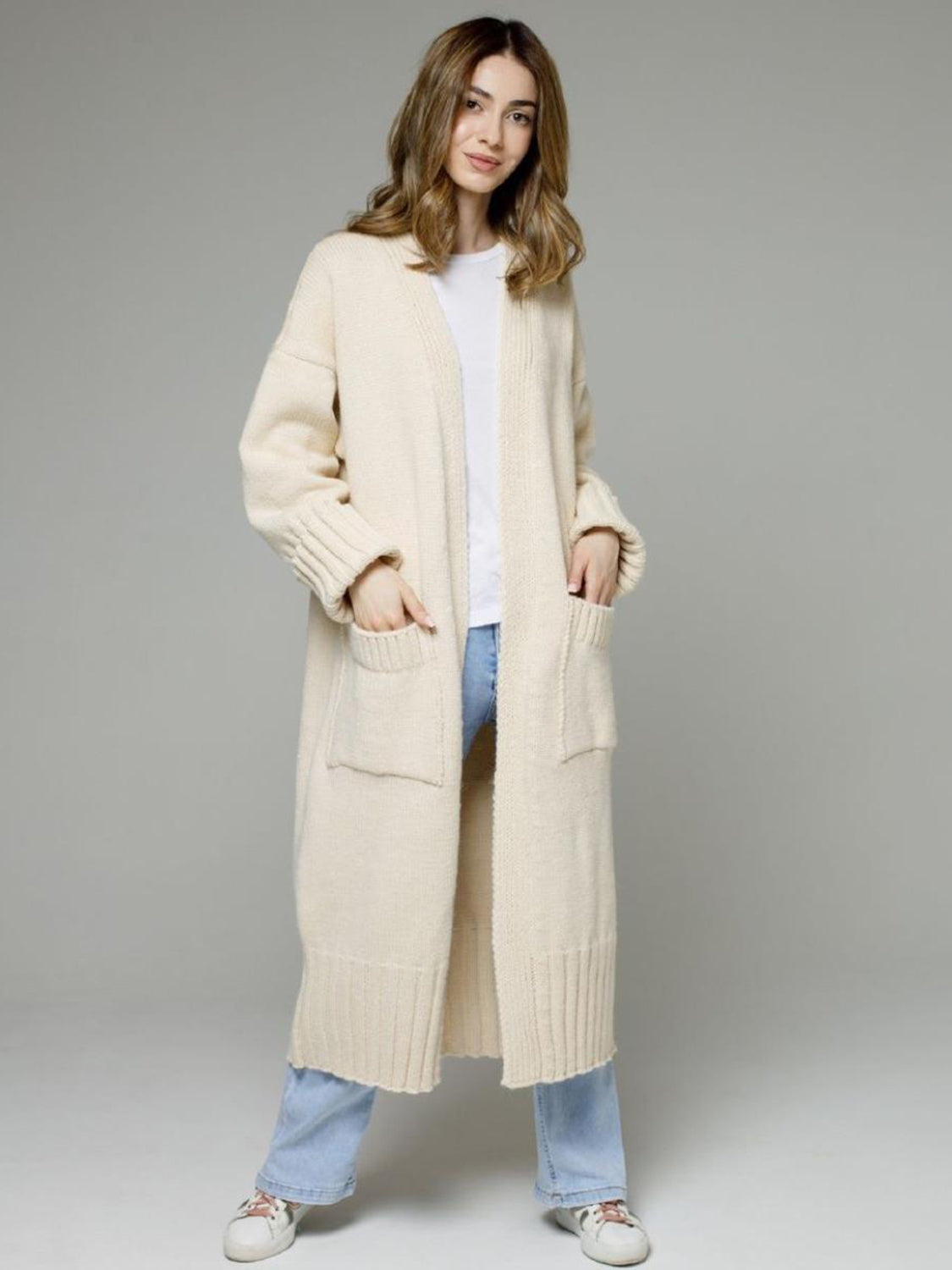 Pocketed Open Front Dropped Shoulder Cardigan