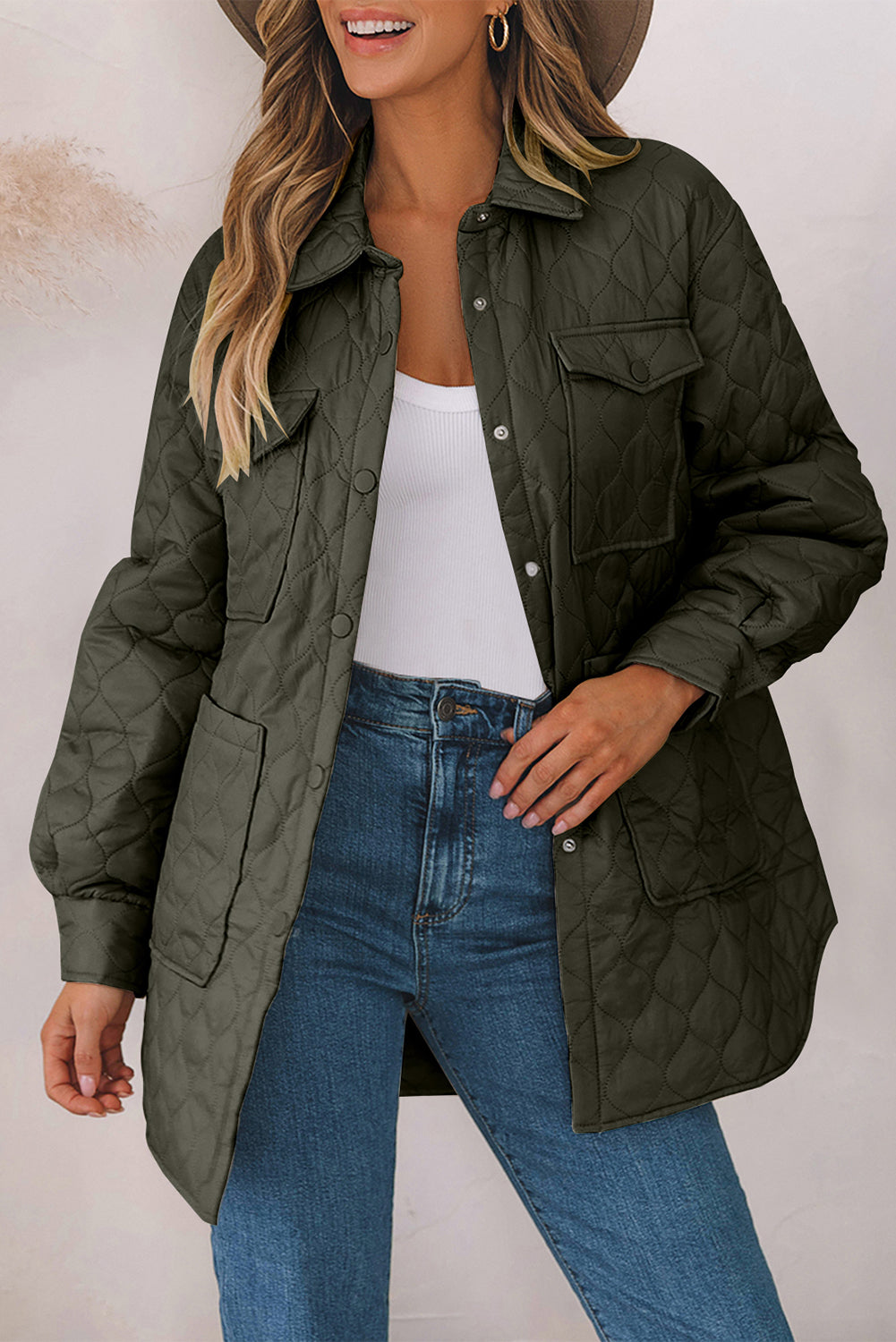 Quilted Snap Down Collared Winter Coat