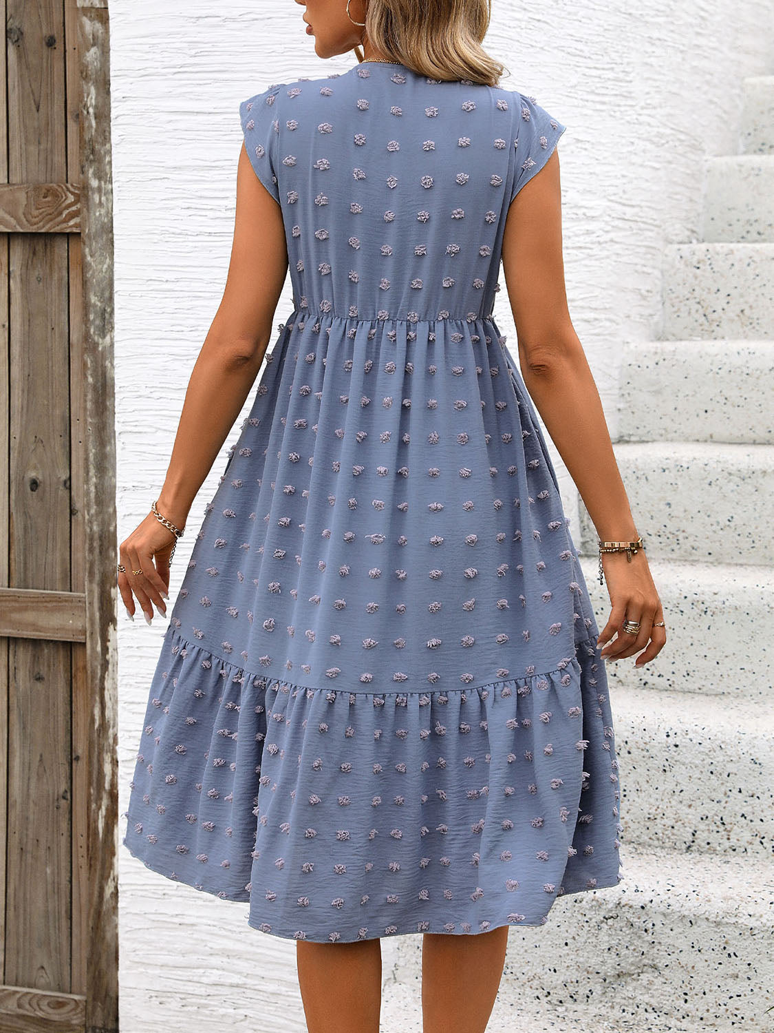 Perfee Swiss Dot V-Neck Cap Sleeve Dress