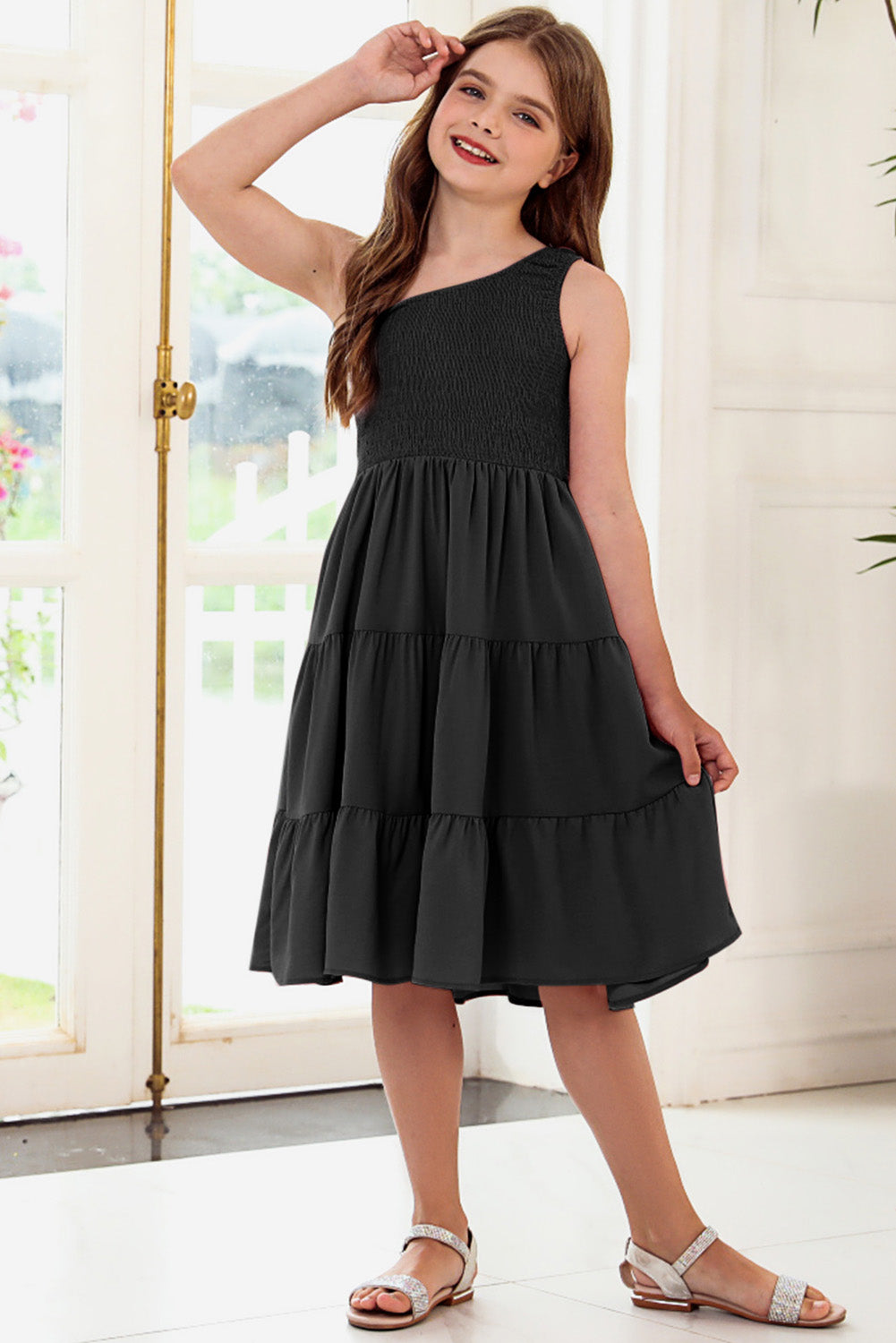 One-Shoulder Sleeveless Girls Tiered Dress