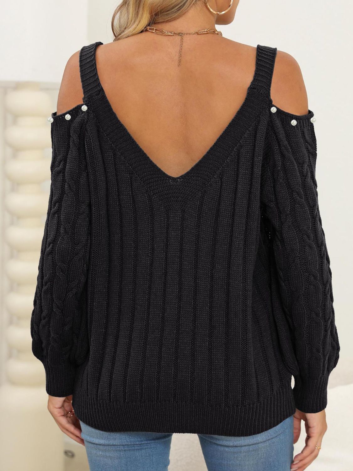 Cable-Knit Cold Shoulder Womens Sweater