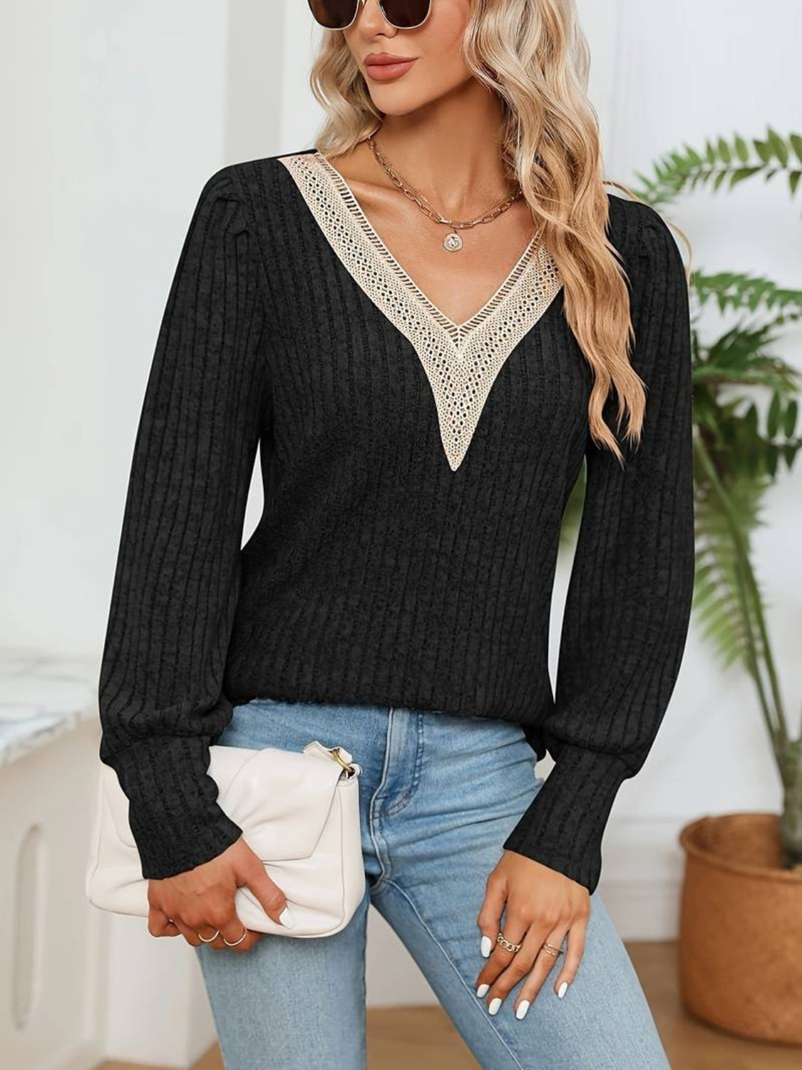 V-Neck Long Sleeve Knit Shirt with Lace Detail