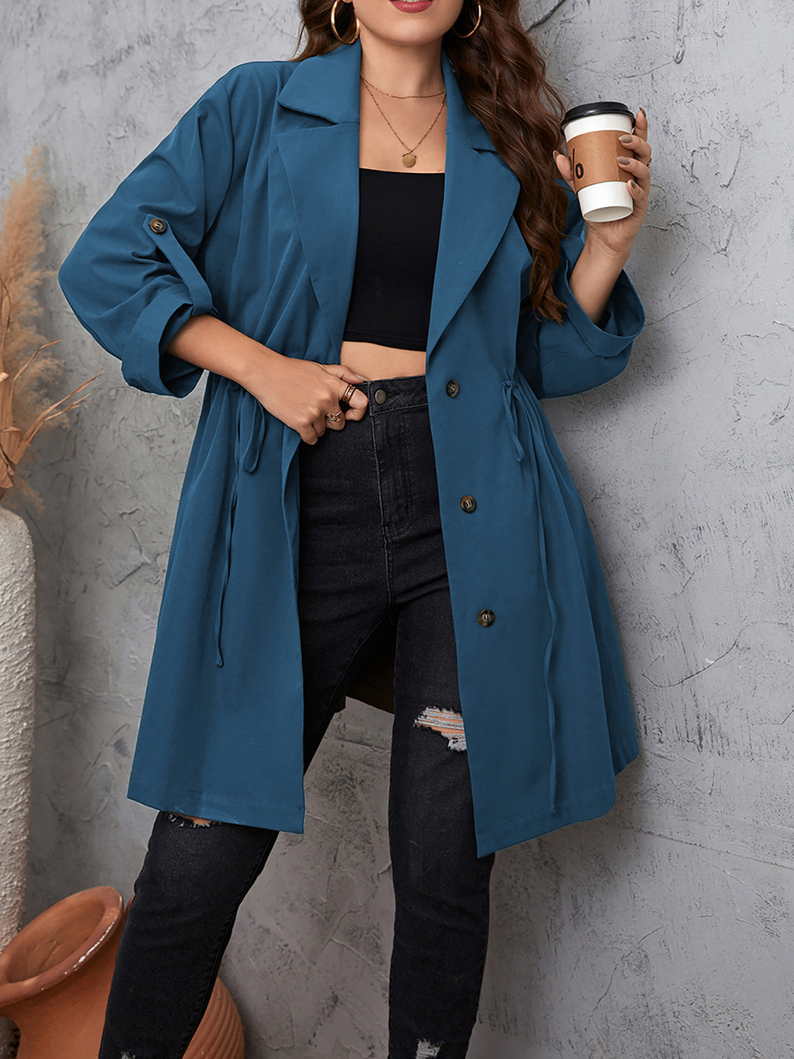 Plus Size Lapel Collar Womens Roll-Tab Sleeve Trench Coat